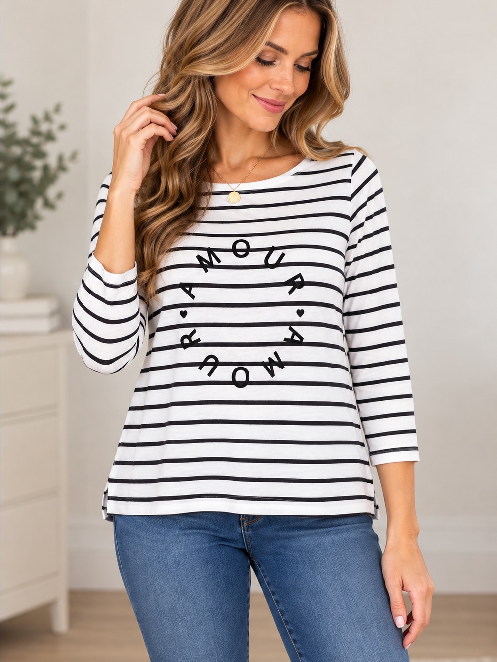 LOFT Amour Striped Top XS Black White French Love Graphic